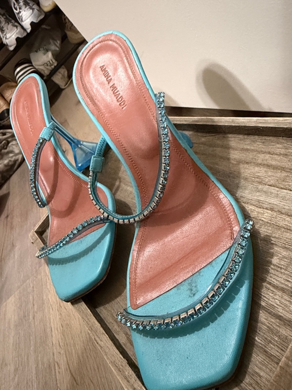 Amina Muaddi Turquoise Crystal-Trim Heeled Sandals - Picture 3 of 6